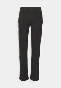 Black flared jeans made of denim; feature a mid-rise waist, five pockets, and front button closure. Smooth texture with minimal stitching details.