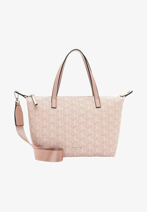 Sac cabas rose clair avec motif "TMRS" répété, deux poignées, bandoulière amovible et logo de la marque argenté à l'avant.