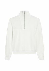 Biała, dziana bluza z wysokim kołnierzem i półzamkiem. Posiada teksturowany materiał oraz V-kształtny wzór z przodu. Długie rękawy.