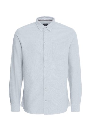 Camicia button-up azzurra chiara con maniche lunghe, colletto e taschino sul petto. Realizzata in tessuto testurizzato con dettagli a motivo discreti.