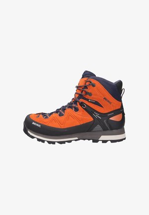 Men's hiking boot in orange and navy. Features a textured upper, durable rubber sole, reinforced toe cap, and lace-up closure for support.