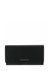 Portefeuille en cuir noir à texture lisse, de forme rectangulaire, avec un logo doré embossé, équipé d'une fermeture à pression et de bords cousus.