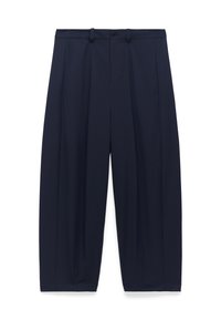 Marinblå vida byxor i slätt tyg, med framveck, bälteshällor och två sidofickor. Skräddarsydd design.