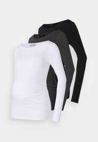 Three long-sleeve maternity tops in white, charcoal, and black. Made of soft fabric with a smooth finish and side ruching detail for comfort.
