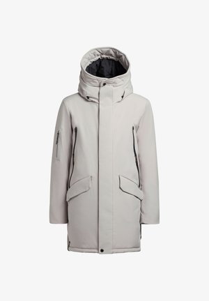 Light gray insulated parka with a high collar, large front pockets, zippered side pockets, and a hood. Fabric appears smooth with minimal texture.