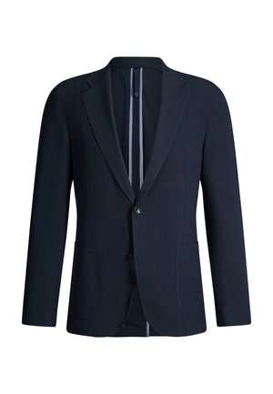 Marineblauer Herrenblazer mit Reverskragen, zwei aufgesetzten Fronttaschen, Zwei-Knopf-Verschluss und gestreiftem Innenfutter sichtbar innen.