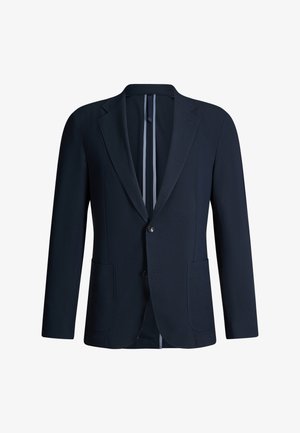 Blazer pour homme bleu marine avec revers crantés, deux poches plaquées à l'avant, fermeture à deux boutons, et doublure intérieure rayée visible.