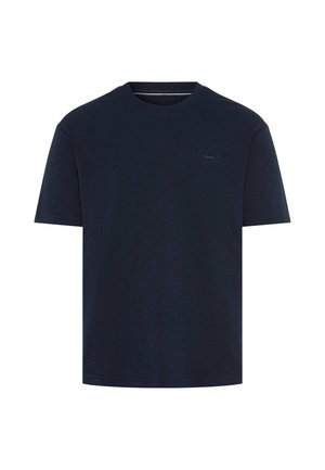 Navy blue short-sleeve crew neck t-shirt with subtle texture and small "Brax" logo on the left chest.