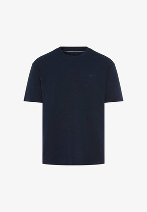Navy blue short-sleeve crew neck t-shirt with subtle texture and small "Brax" logo on the left chest.