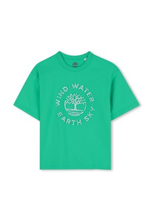 T-shirt en coton vert avec un motif graphique rond comportant les mots "VENT. EAU. TERRE. CIEL." et un motif d'arbre en blanc. Manches courtes.