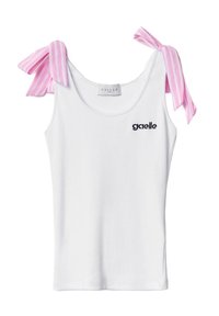 Top a canottiera bianca a righe con fiocchi rosa sulle spalle. Presenta il logo ricamato in nero "gaelle" sul davanti. Tessuto morbido.