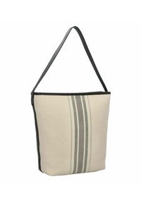 Lichte beige canvas schoudertas met donkergrijze strepen, voorzien van een zwarte rand en een enkele schouderband. Gestructureerde rechthoekige vorm.