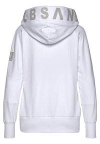 Weißer Hoodie mit einer großen Kapuze und "LBSAN" in strukturierten, neutralen Buchstaben. Rippbündchen und Saum sowie ein Logo-Patch am Ärmel.