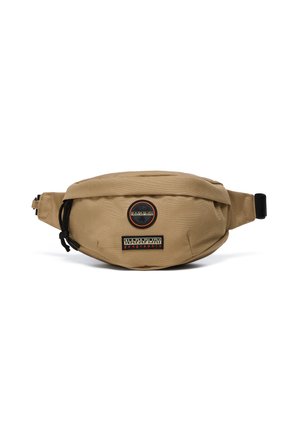 Beige fabric waist bag with two black and orange Napapijri Geographic logo patches and a black adjustable side strap buckle.