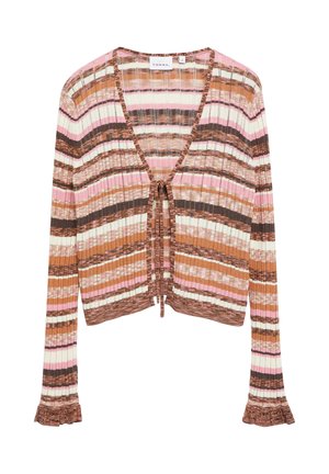 Knitted long-sleeve cardigan with pink, brown, and cream horizontal stripes, V-neck, and front tie closure with ruffled cuffs.