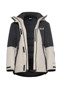 Giacca impermeabile in nero e grigio chiaro. Presenta una chiusura con zip frontale, colletto alto e tasche con zip. Interno isolato per il calore.