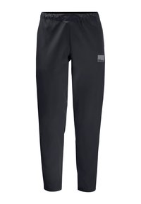 Leichte schwarze wasserdichte Hose mit elastischem Bund und einem kleinen Logo-Patch. Hat eine gerade Passform und eine glatte Textur.