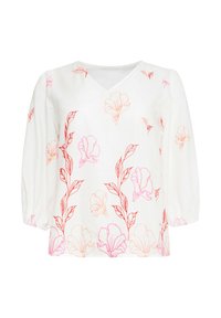 Witte blouse met V-hals, 3/4 mouwen, met rode en rozen bloemen borduursel over de stof. Soepele textuur, lichtgewicht ontwerp.