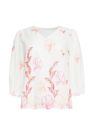 Witte blouse met V-hals, 3/4 mouwen, met rode en rozen bloemen borduursel over de stof. Soepele textuur, lichtgewicht ontwerp.