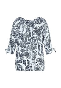 Blouse blanche avec imprimé floral bleu marine, manches trois-quarts, encolure froncée et détails noués aux poignets. Texture lisse.