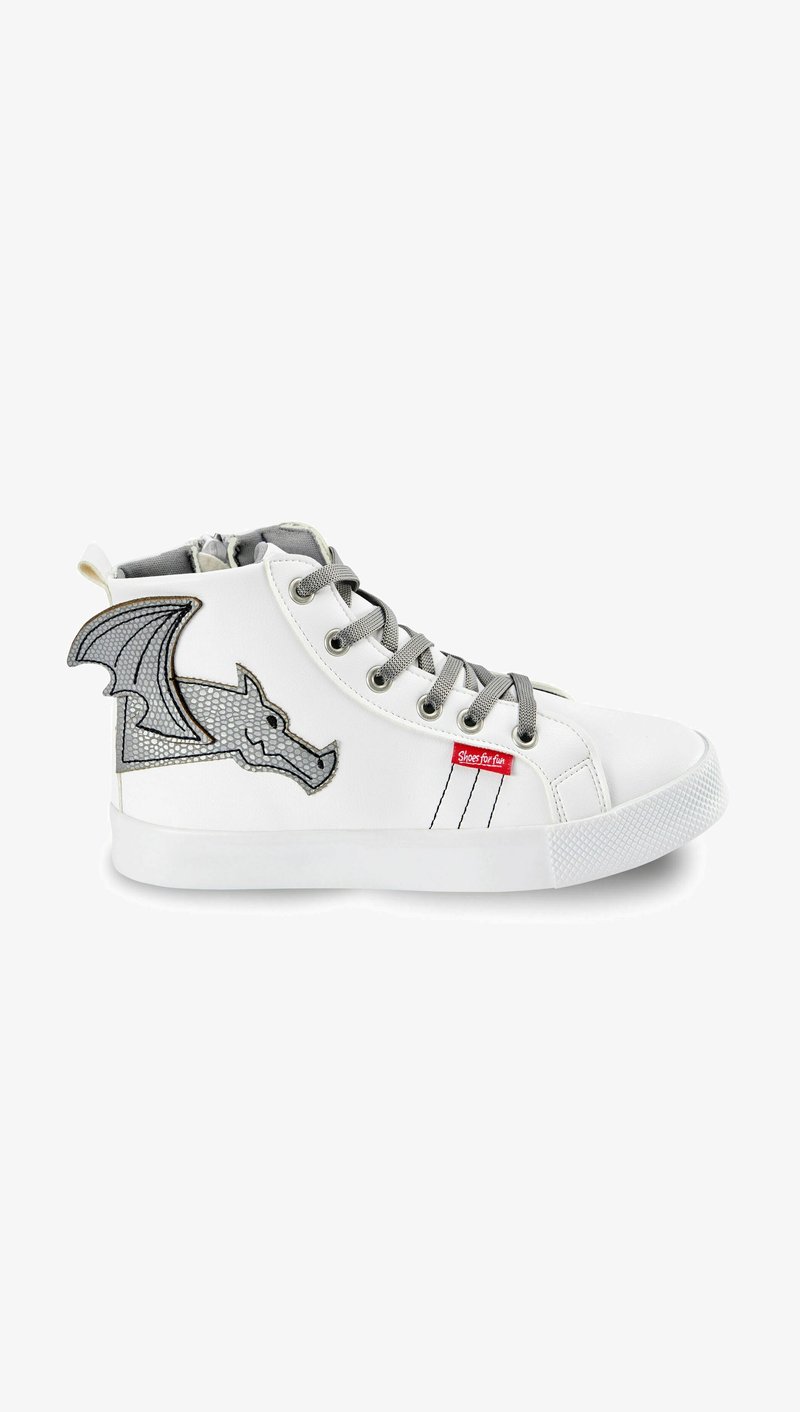 White high-top sneaker with gray dragon embroidery, round toe, gray laces, and rubber sole. Features red logo tag and striped accents.