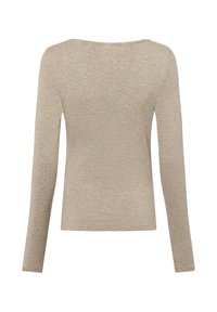 Beiges Langarmshirt mit rundem Ausschnitt, gefertigt aus weichem, strukturiertem Stoff. Verfügt über einen taillierten Schnitt und ein schlichtes, klares Design.