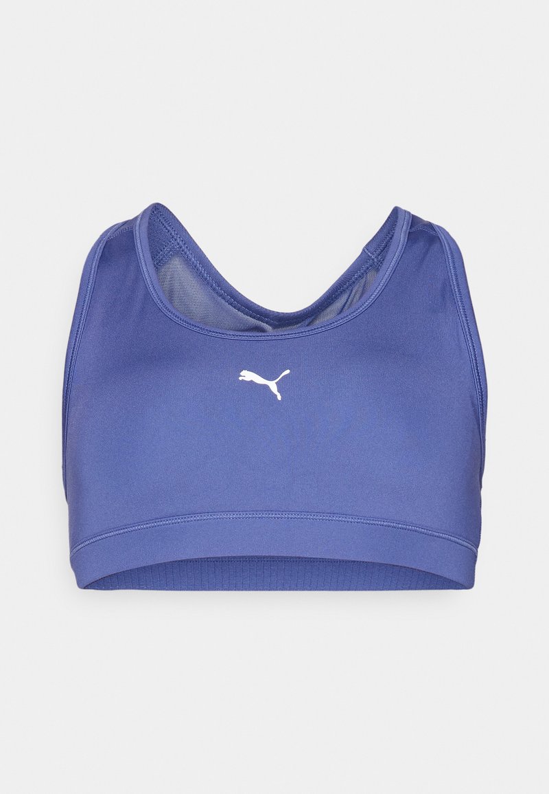 Sujeción deportiva morado con escote redondo, dobladillo acanalado y un logo blanco centrado en la parte delantera. Fabricado con un tejido suave y elástico.