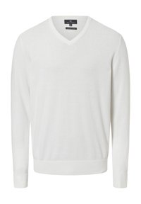 Weißer V-Neck-Pullover aus biologischer Baumwolle. Mit langen Ärmeln und gerippten Bündchen und Saum. Glatte Textur mit minimalistischem Design.