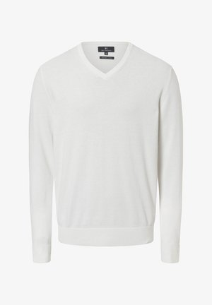 Witte v-hals trui gemaakt van biologisch katoen. Heeft lange mouwen en ribgebreide boorden en onderrand. Glad materiaal met een minimalistisch ontwerp.
