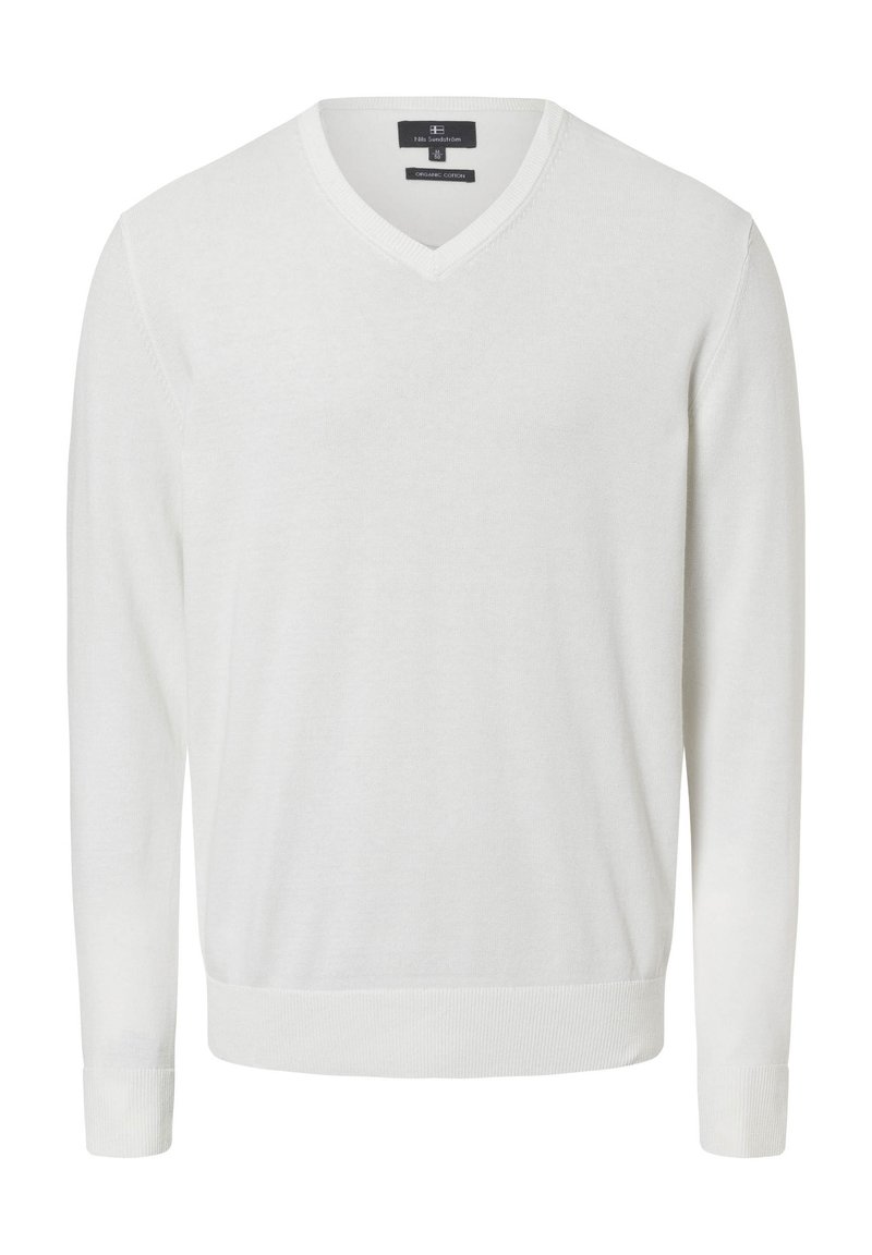 Weißer V-Neck-Pullover aus biologischer Baumwolle. Mit langen Ärmeln und gerippten Bündchen und Saum. Glatte Textur mit minimalistischem Design.