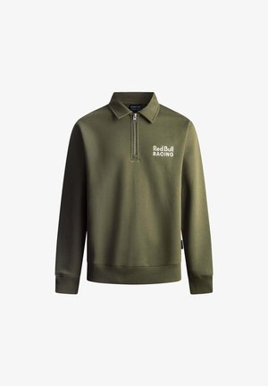 Olivgrüner Pullover mit Reißverschlusskragen, gerippten Bündchen und Saum, mit dem weißen "Red Bull RACING"-Logo auf der linken Brust. Weicher Stoff.