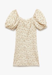 Cremfarbendes Minikleid mit rot-grünem Blumenmuster, puffierten kurzen Ärmeln und einem quadratischen Ausschnitt mit gerafftem elastischem Besatz.