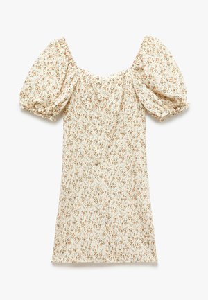 Creme mini kjole med rød og grøn blomsterprint, pufkort ærmer og firkantet udskæring med samlet elastisk kant.