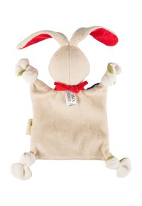 Cream-colored plush bunny with red inner ears, a red scarf, and knotted limbs, shown from the back on a white background.