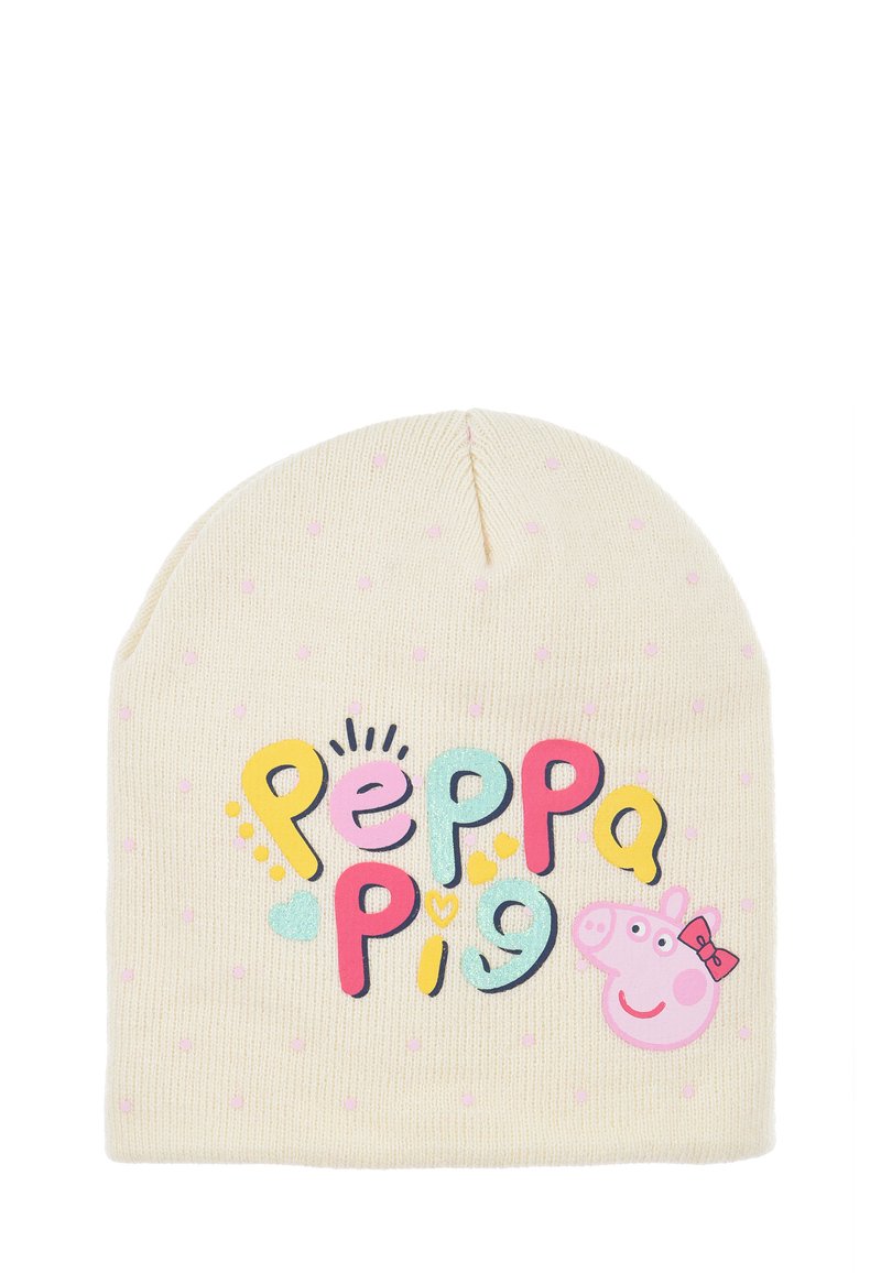Knit beanie w kolorze kremowym z pastelowymi kropkami, z kolorowym napisem "Peppa Pig" oraz ilustracją kolorowej świnki w różowej kokardce.
