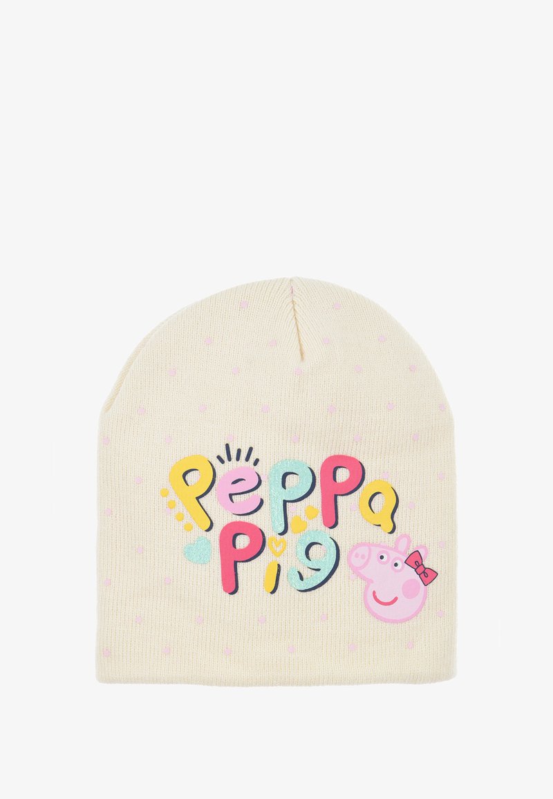 Strickmütze in Creme mit pastellfarbenen Punkten, mit buntem "Peppa Pig"-Text und einer cartoonhaften Schweineillustration mit einem rosa Schleifenakzent.