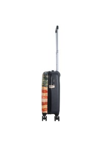 Hard-shell suitcase featuring a black body with a patriotic American flag design on the side, silver telescoping handle, and multi-directional wheels.