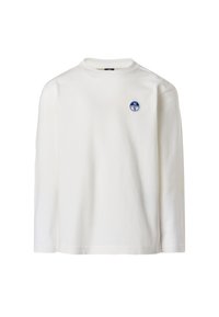 Maglietta a maniche lunghe bianca in cotone. Presenta un colletto rotondo e un piccolo logo circolare blu sul lato sinistro del petto.