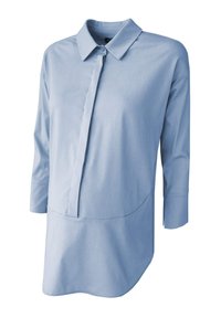 Himmelblaues, langärmliges Hemd mit knopfbarem Kragen, strukturiertem Design, durchgehender Knopfleiste und geschwungener Saumlinie. Glatte, weiche Stofftextur.