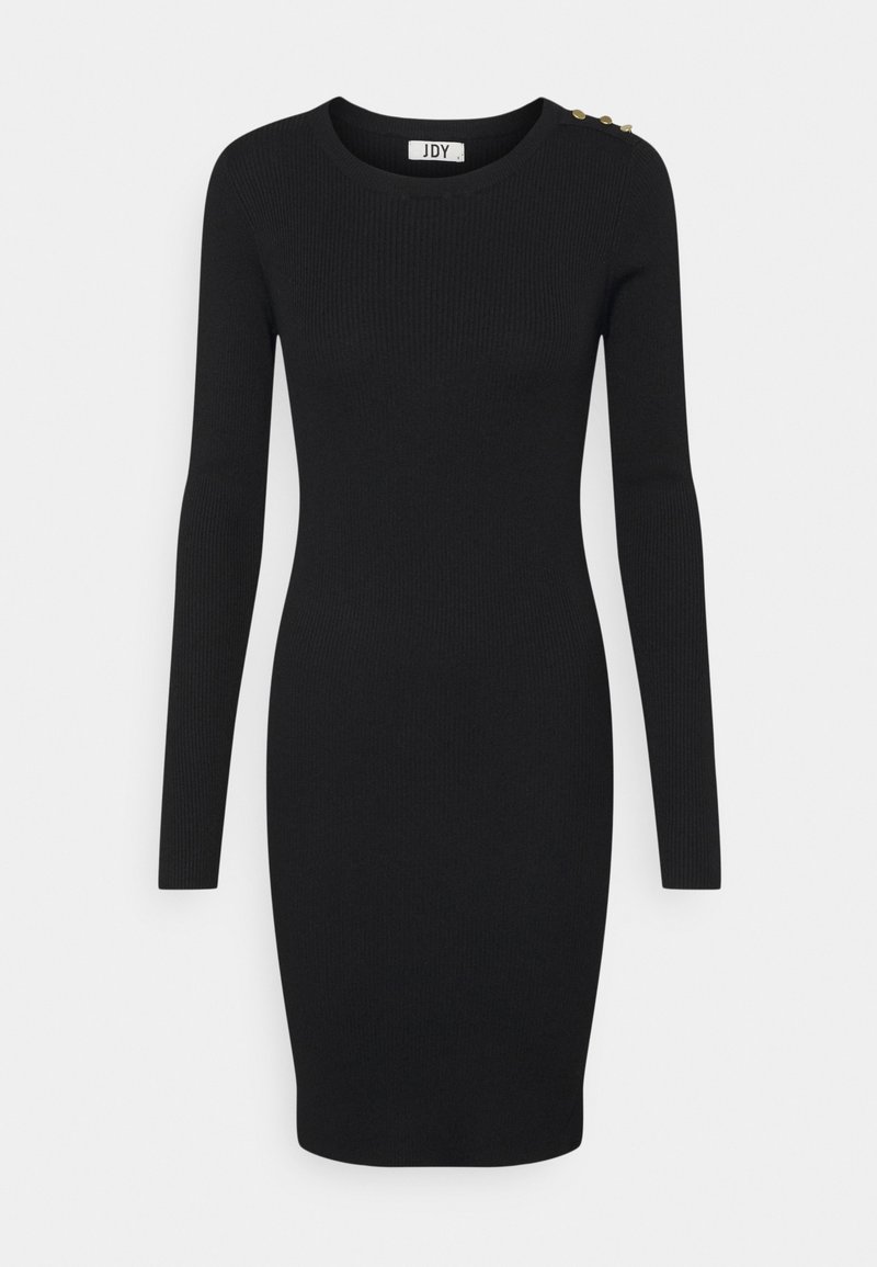 Robe noire à manches longues côtelées avec un col rond et trois boutons décoratifs sur l'épaule gauche. Silhouette près du corps.