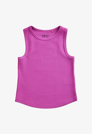 Canotta viola senza maniche a coste con scollo rotondo, progettata per un bambino, mostrata su sfondo bianco.