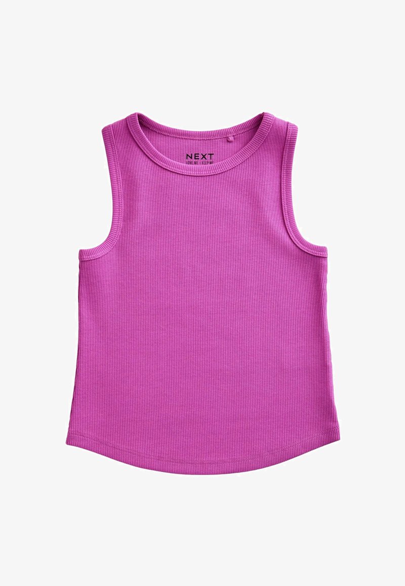 Débardeur violet côtelé sans manches à encolure ronde, conçu pour un enfant, présenté sur un fond blanc.