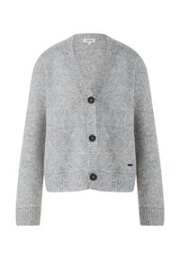 Hellgrauer gestrickter Cardigan mit V-Ausschnitt, Knopfleiste, strukturiertem Muster sowie gerippten Bündchen und Saum. Verfügt über vier schwarze Knöpfe.