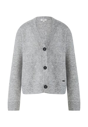Lichtgrijze gebreide cardigan met een V-hals, knopen vooraan, textuurpatroon en geribde manchetten en zoom. Bevat vier zwarte knopen.