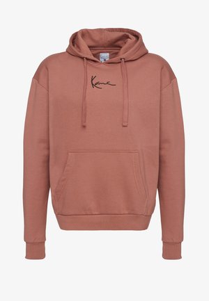 Felpa con cappuccio di colore rosa tenue, realizzata in morbido tessuto. Presenta una tasca a marsupio frontale e un logo nero sul petto.