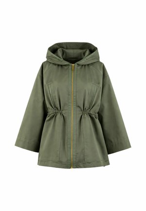 Giacca verde con cappuccio, cerniera frontale, coulisse in vita, maniche lunghe e larghe e due tasche frontali, mostrata su sfondo bianco.