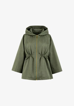 Giacca verde con cappuccio, cerniera frontale, coulisse in vita, maniche lunghe e larghe e due tasche frontali, mostrata su sfondo bianco.