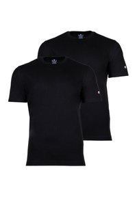 T-shirt neri in cotone con maniche corte, design a girocollo, caratterizzati da un piccolo logo sulla manica sinistra. Texture morbida, stile minimalista.
