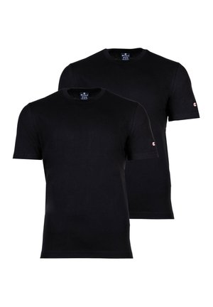T-shirt neri in cotone con maniche corte, design a girocollo, caratterizzati da un piccolo logo sulla manica sinistra. Texture morbida, stile minimalista.