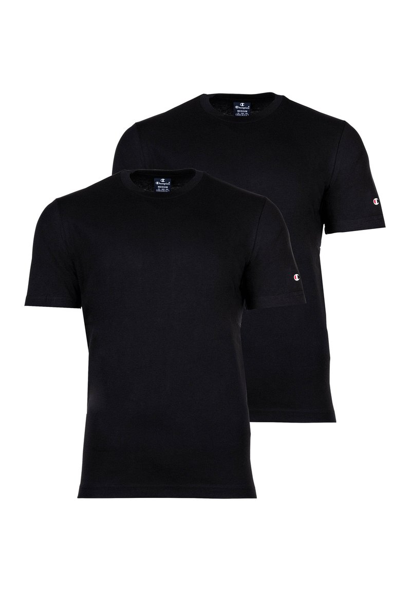 T-shirt neri in cotone con maniche corte, design a girocollo, caratterizzati da un piccolo logo sulla manica sinistra. Texture morbida, stile minimalista.